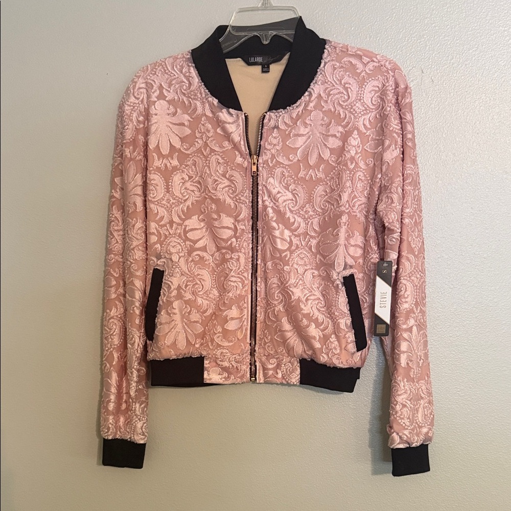 LuLaRoe Pink Floral Bomber Jacket with Black Accents